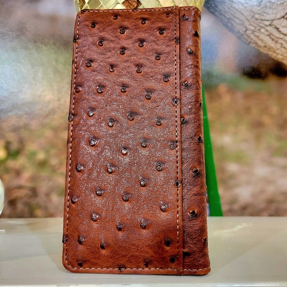 STAR Western Mens wallet Bifold W011-1 Ostrich Brown check book style. - Picture 2 of 8
